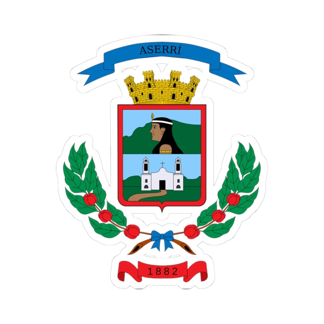 Escudo del cantón de Aserrí (Costa Rica) (Coat of Arms) STICKER Vinyl Kiss-Cut Decal 3 Inch White - The Sticker Space