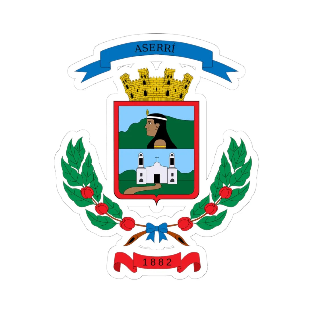 Escudo del cantón de Aserrí (Costa Rica) (Coat of Arms) STICKER Vinyl Kiss-Cut Decal 4 Inch White - The Sticker Space