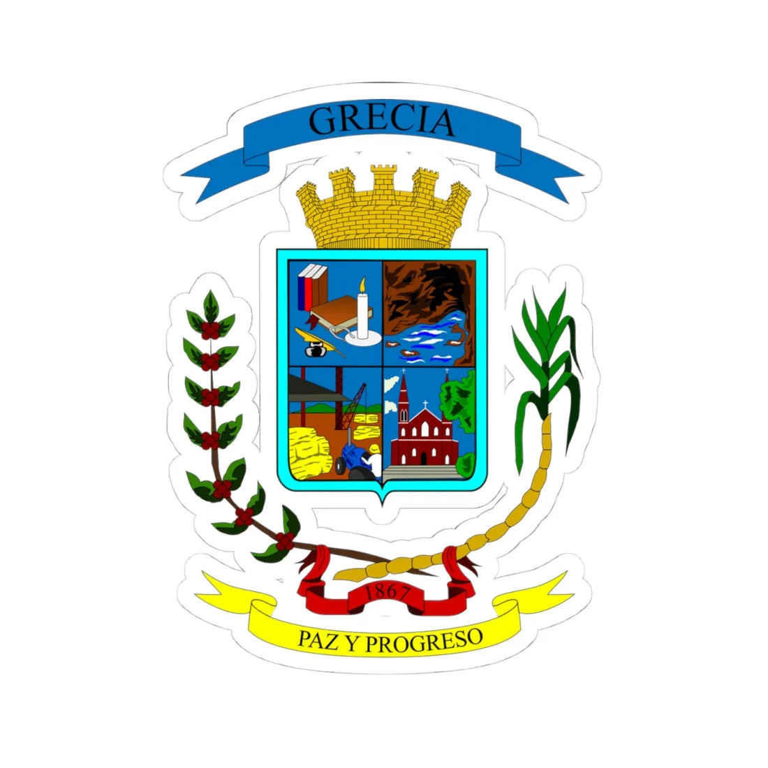 Escudo del Cantón de Grecia (Costa Rica) (Coat of Arms) STICKER Vinyl Kiss-Cut Decal - The Sticker Space