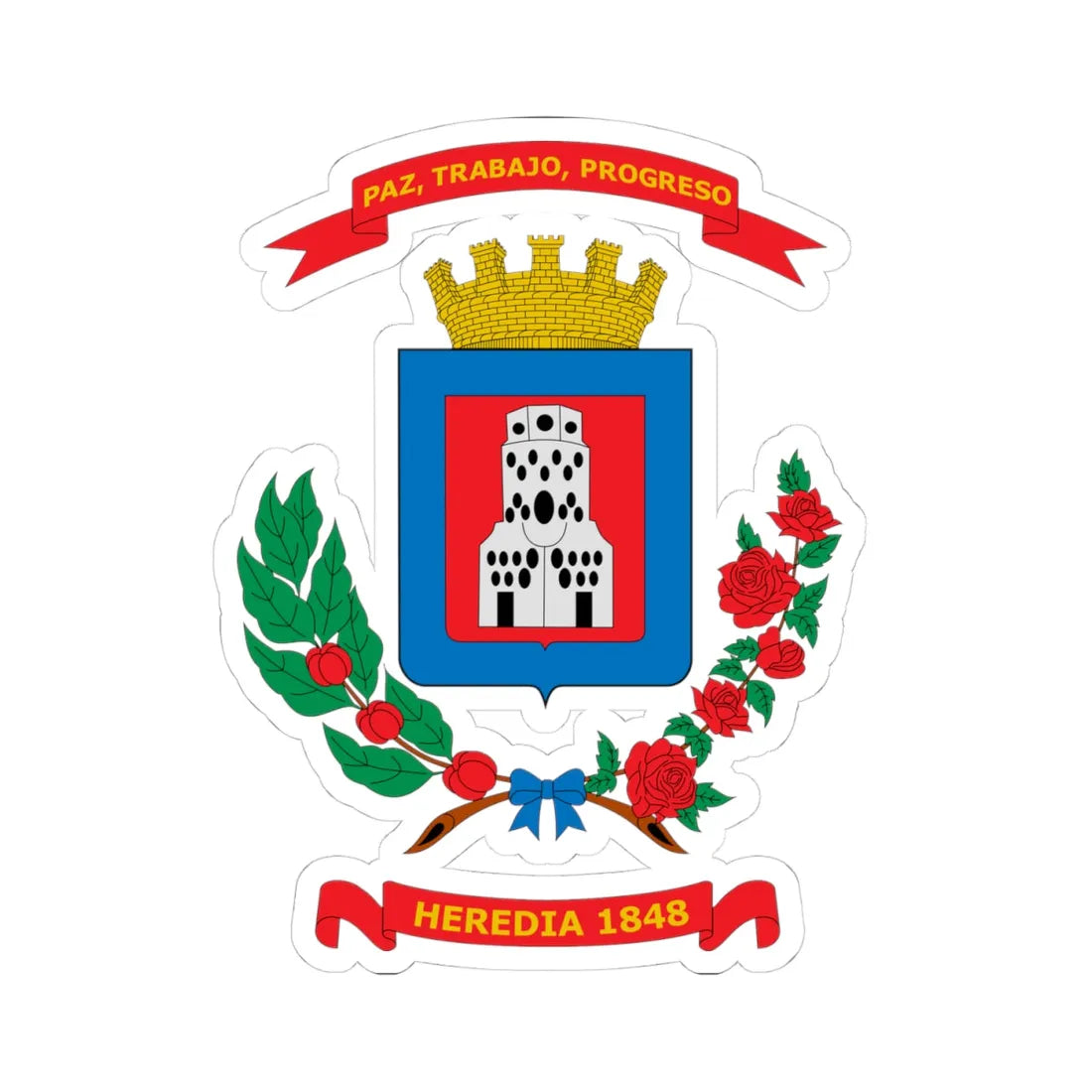 Escudo del cantón de Heredia (Costa Rica) (Coat of Arms) STICKER Vinyl Kiss-Cut Decal 4 Inch White - The Sticker Space