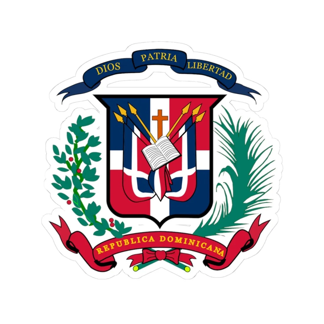 Escudorepublicadominicanacheposocasicasi (Dominica) (Coat of Arms) STICKER Vinyl Kiss-Cut Decal 3 Inch White - The Sticker Space