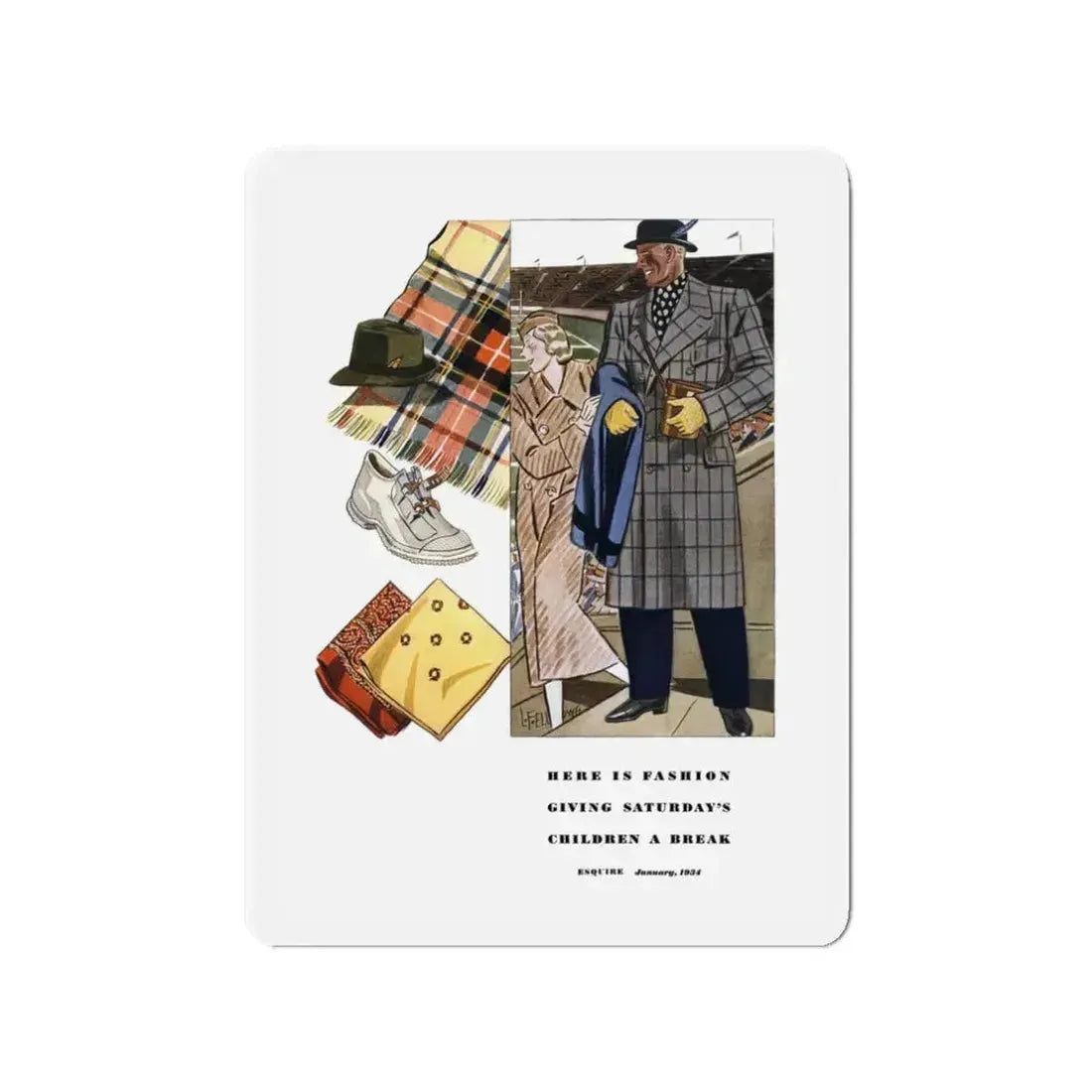 Esquire Fashion Illustration, January 1934 (1) (Magazine Illustration) Refrigerator Magnet 3 Inch Die-Cut - The Sticker Space