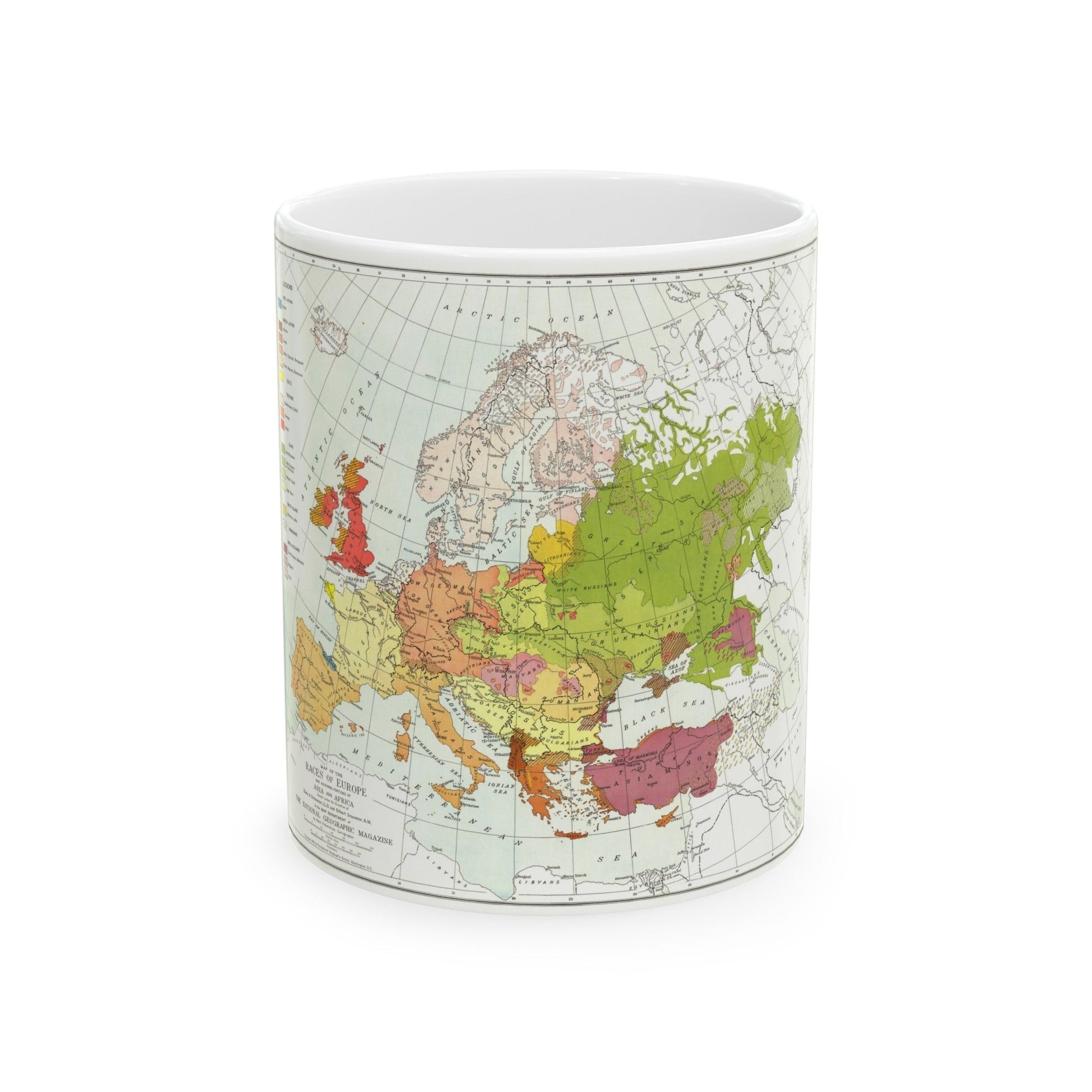 Europe & Adjoining Asia & Africa - The Races of (1919) (Map) White Coffee Mug-11oz-The Sticker Space