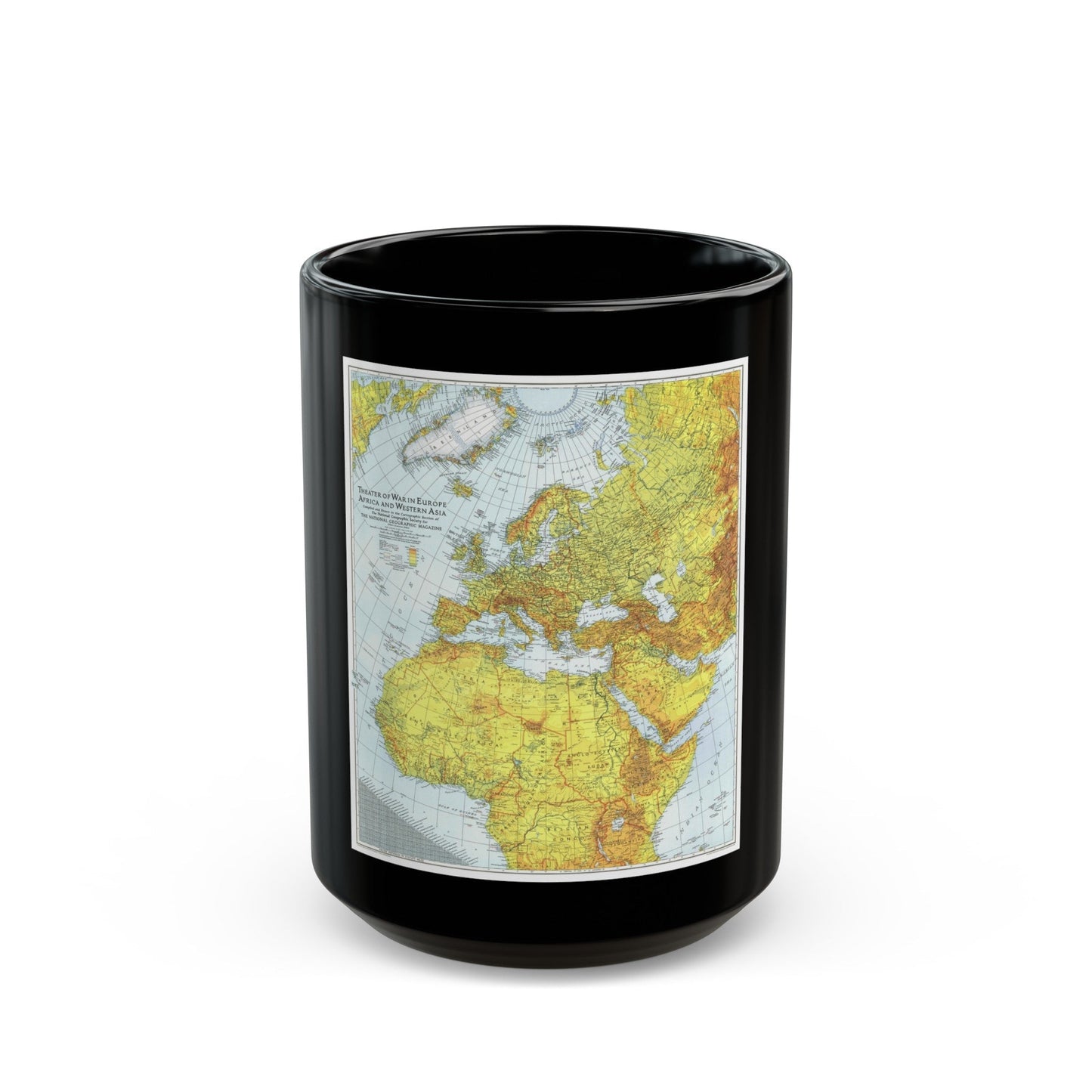 Europe, Africa, and Western Asia - Theater of War (1942) (Map) Black Coffee Mug-15oz-The Sticker Space