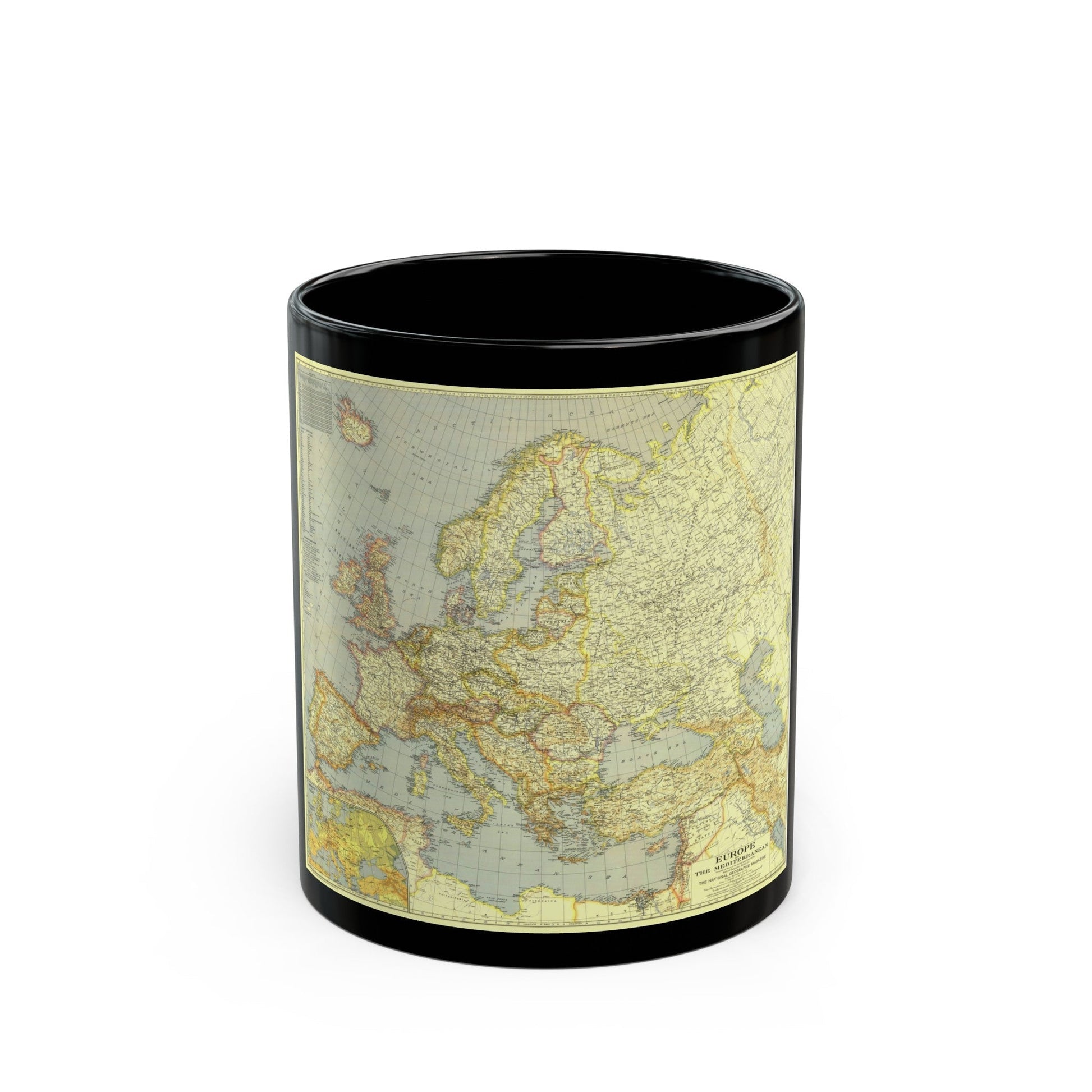 Europe and the Mediterranean (1938) (Map) Black Coffee Mug-11oz-The Sticker Space