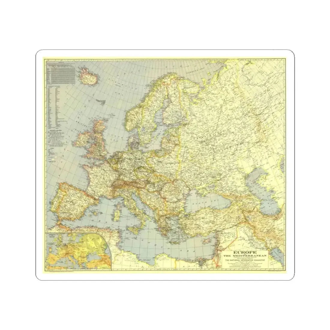 Europe and the Mediterranean (1938) (Map) STICKER Vinyl Kiss-Cut Decal 3 Inch White - The Sticker Space