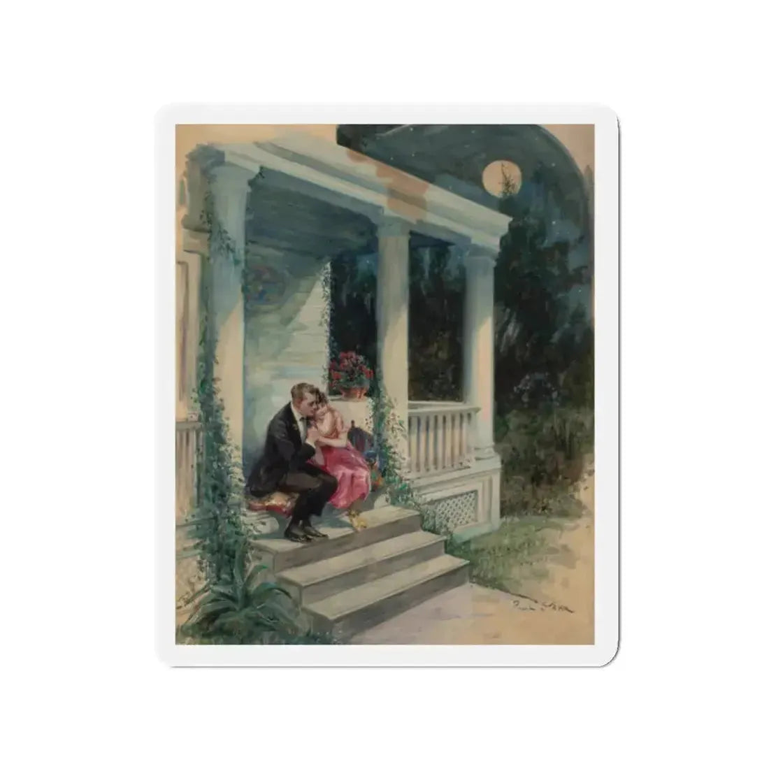 Evening on the Porch, magazine story illustration (Magazine Illustration) Refrigerator Magnet 2 Inch Die-Cut - The Sticker Space