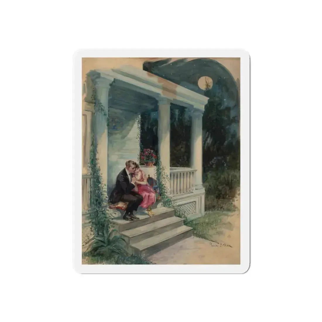 Evening on the Porch, magazine story illustration (Magazine Illustration) Refrigerator Magnet 6 Inch Die-Cut - The Sticker Space