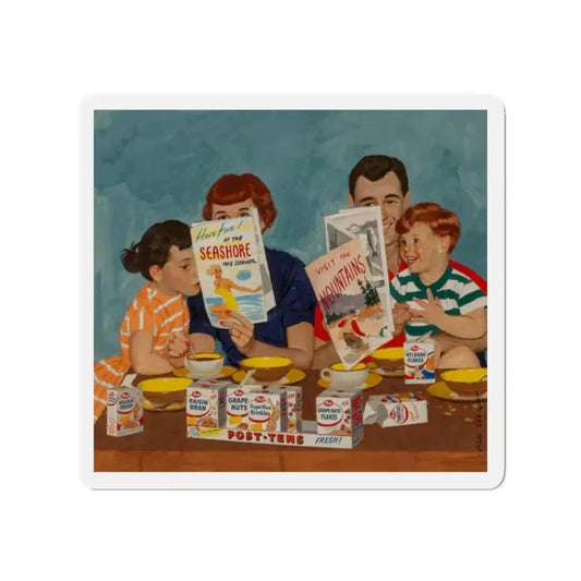 Family Planning a Vacation, Post-Tens Cereal advertisement, 1957 (Magazine Illustration) Refrigerator Magnet 2 Inch Die-Cut - The Sticker Space