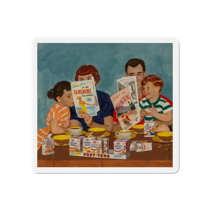 Family Planning a Vacation, Post-Tens Cereal advertisement, 1957 (Magazine Illustration) Refrigerator Magnet 3 Inch Die-Cut - The Sticker Space