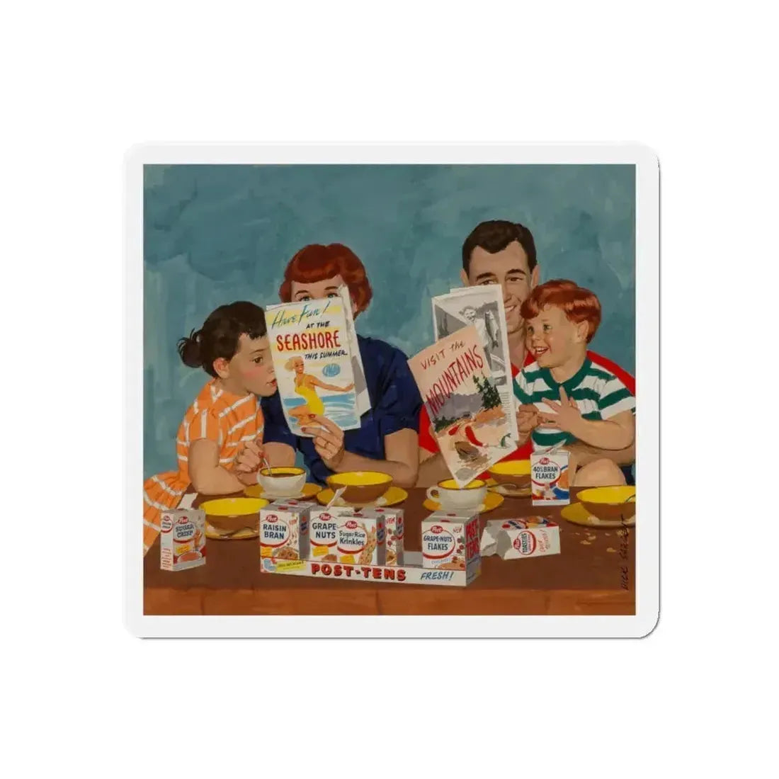 Family Planning a Vacation, Post-Tens Cereal advertisement, 1957 (Magazine Illustration) Refrigerator Magnet 4 Inch Die-Cut - The Sticker Space