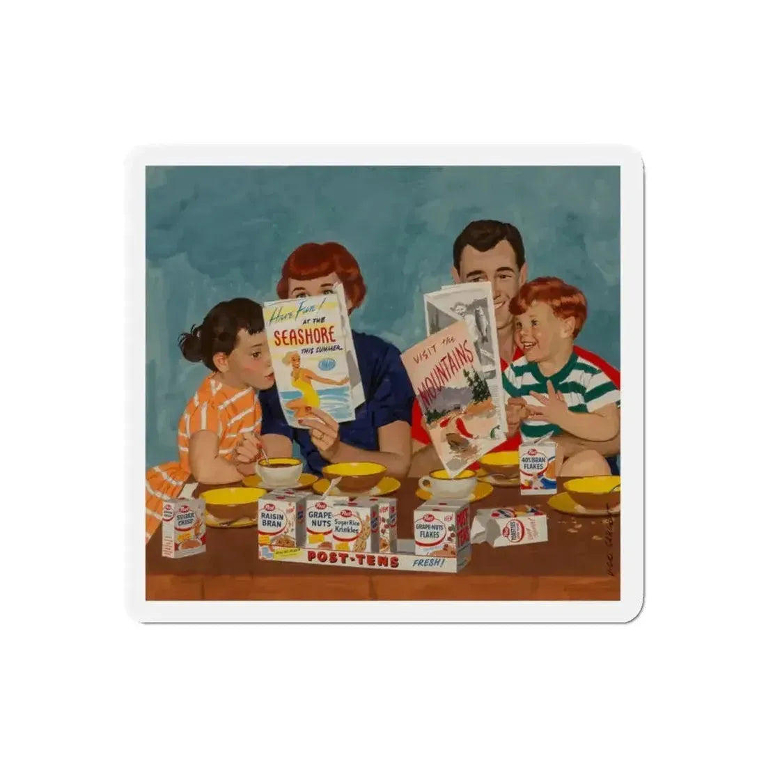 Family Planning a Vacation, Post-Tens Cereal advertisement, 1957 (Magazine Illustration) Refrigerator Magnet - The Sticker Space