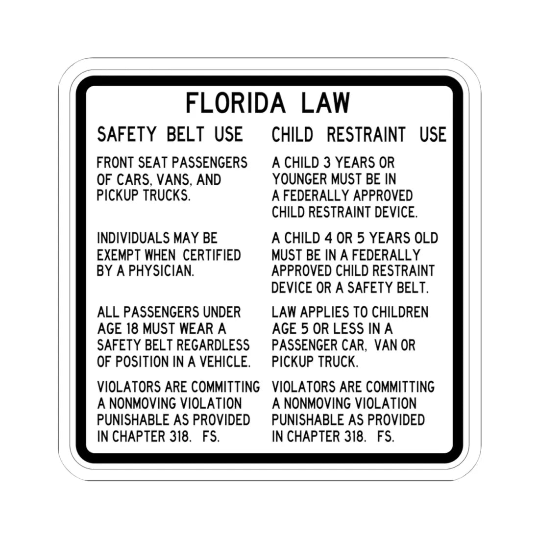 FDOT Road sign - Florida Seatbelt Law - Rest Area (Florida) (Road Sign) STICKER Vinyl Kiss-Cut Decal 4 Inch White - The Sticker Space