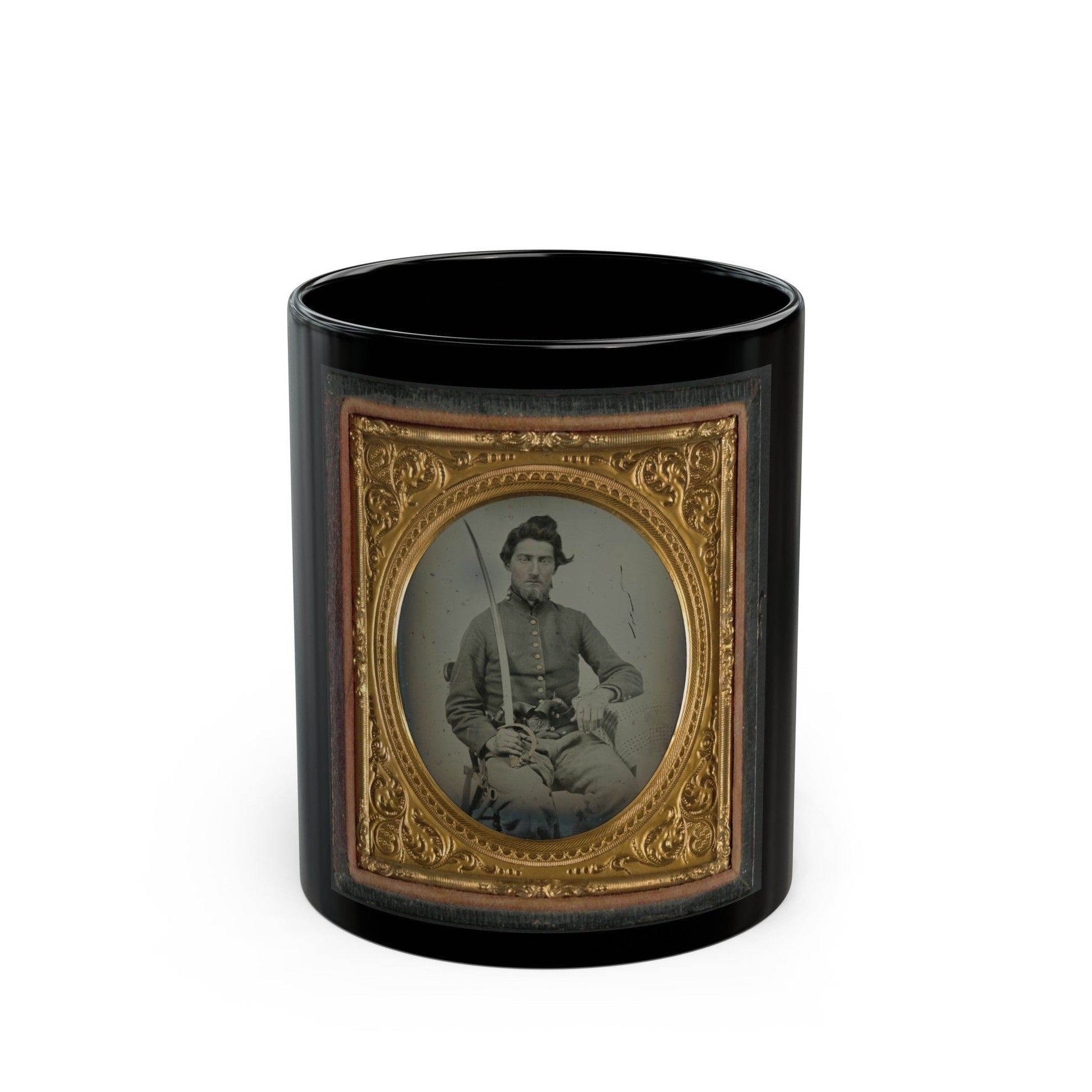 Felix Thompson Of Company H, 1st Missouri Cavalry Regiment With Pistols And Sabre (U.S. Civil War) Black Coffee Mug-11oz-The Sticker Space