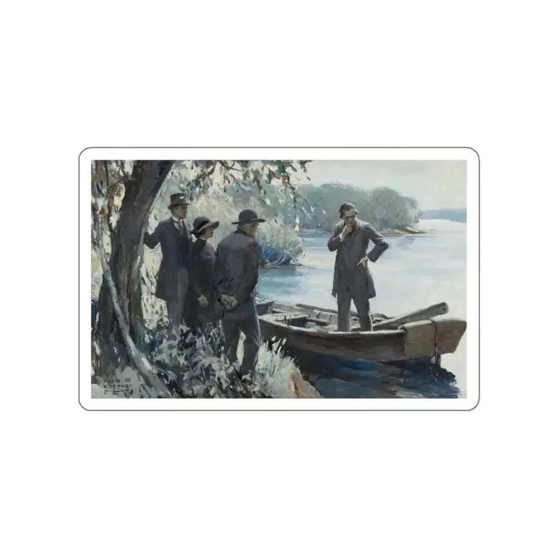 Figures by a Lake (Magazine Illustration) STICKER Vinyl Die-Cut Decal White Die-Cut 5 Inch - The Sticker Space