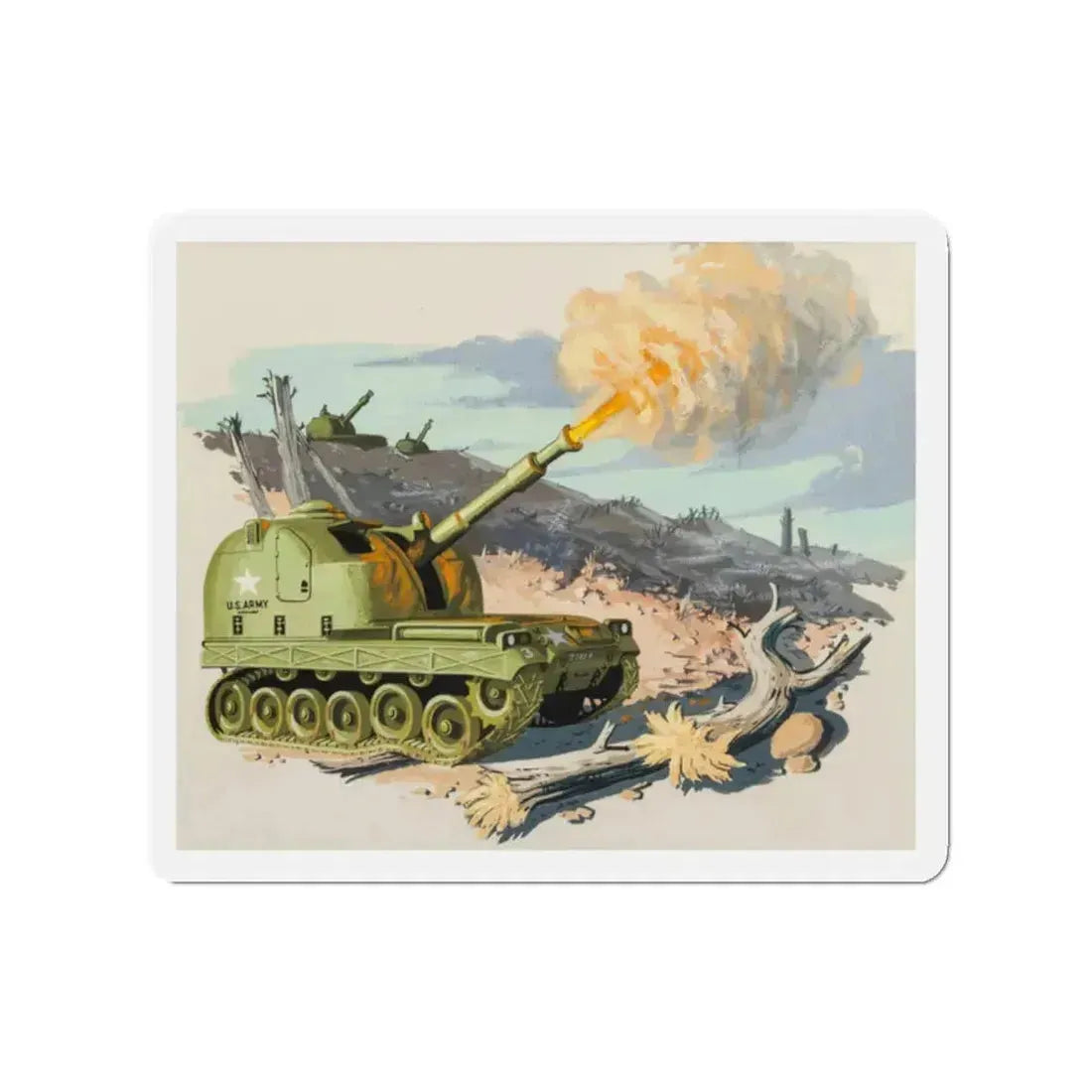 Firing Tank, story illustration, 1959 (Magazine Illustration) Refrigerator Magnet 2 Inch Die-Cut - The Sticker Space
