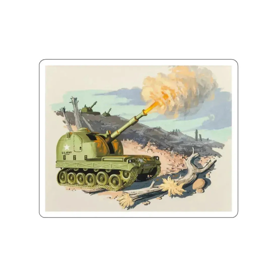 Firing Tank, story illustration, 1959 (Magazine Illustration) STICKER Vinyl Die-Cut Decal White Die-Cut 2 Inch - The Sticker Space