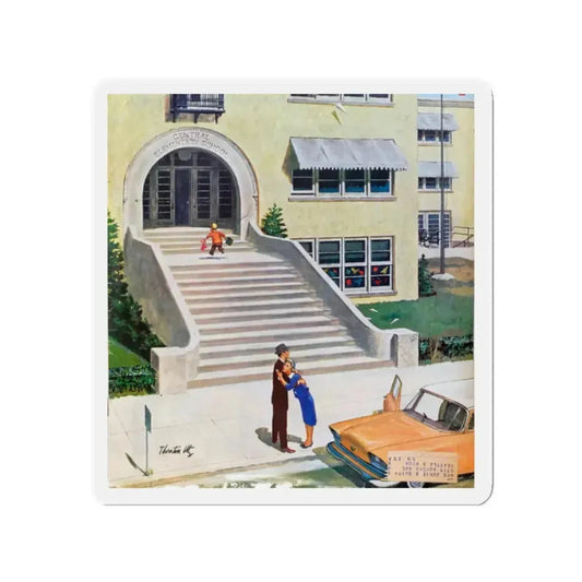 First Day Of Kindergarden, 1958 (Magazine Illustration) Refrigerator Magnet 2 Inch Die-Cut - The Sticker Space