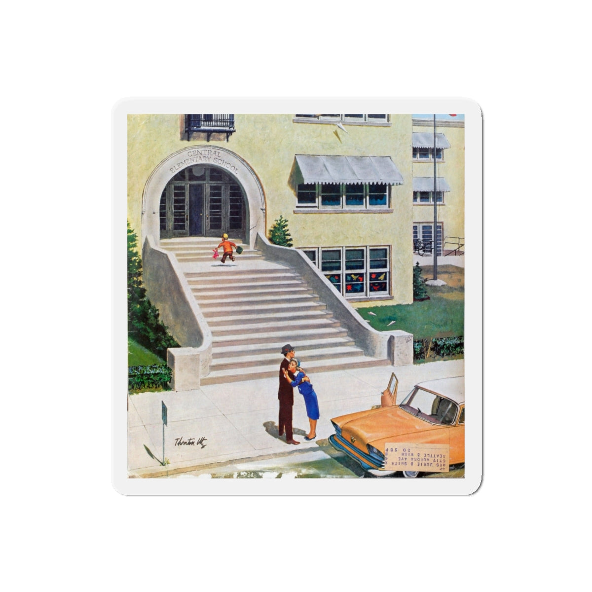 First Day Of Kindergarden, 1958 (Magazine Illustration) Refrigerator Magnet-6" × 6"-The Sticker Space