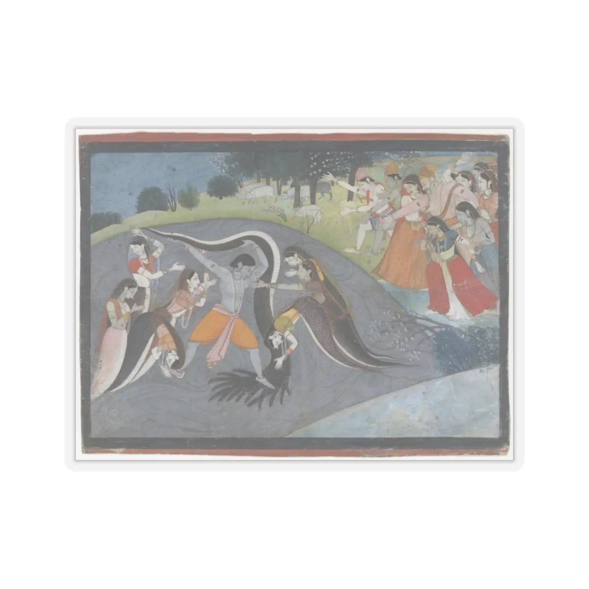 First generation after Manaku - Krishna Subduing Kaliya, the Snake Demon- Folio from a Bhagavata Purana Series - ca. 1785 v1 - STICKER Vinyl Kiss-Cut Decal
