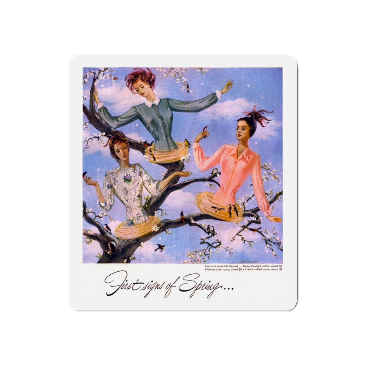 First Signs of Spring, 1948 (Magazine Illustration) Refrigerator Magnet-3" x 3"-The Sticker Space