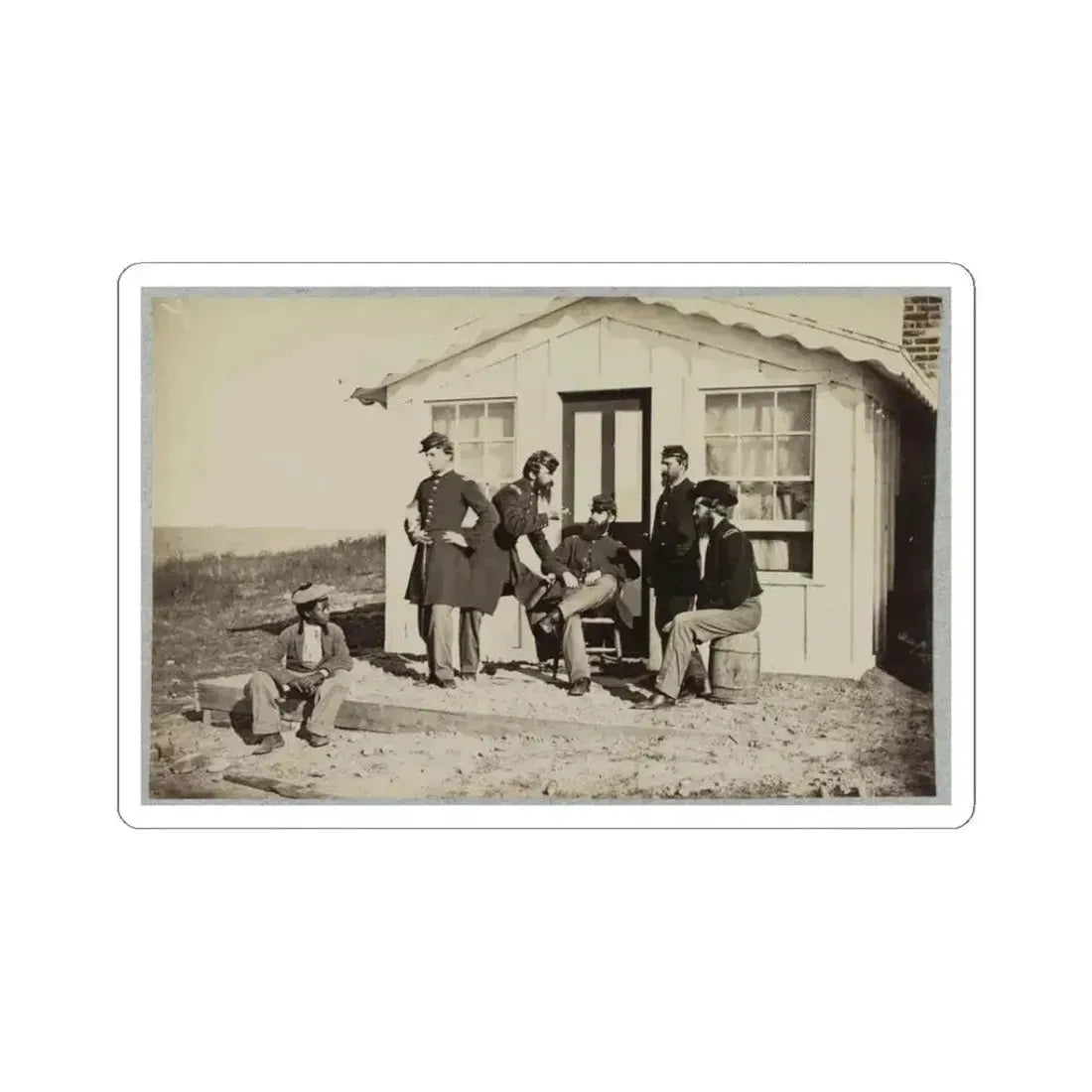 Five Civil War Soldiers Gathered on Dirt Porch Outside Home. African American Youth Seated Near Them (U.S. Civil War) STICKER Vinyl Kiss-Cut Decal 3 Inch White - The Sticker Space