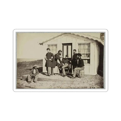 Five Civil War Soldiers Gathered on Dirt Porch Outside Home. African American Youth Seated Near Them (U.S. Civil War) STICKER Vinyl Kiss-Cut Decal 4 Inch White - The Sticker Space