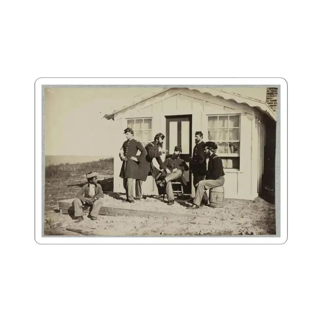 Five Civil War Soldiers Gathered on Dirt Porch Outside Home. African American Youth Seated Near Them (U.S. Civil War) STICKER Vinyl Kiss-Cut Decal 6 Inch White - The Sticker Space