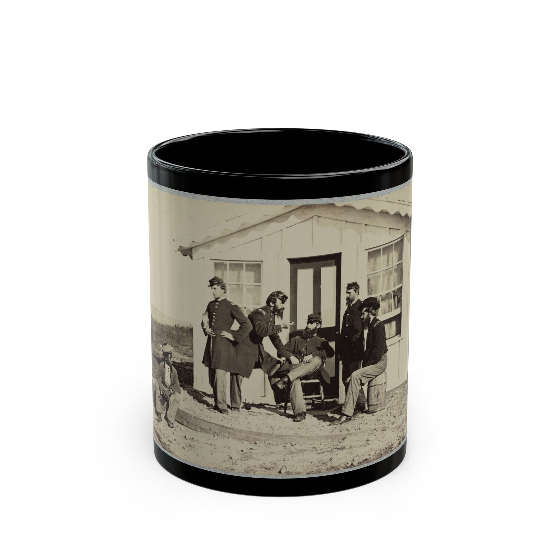 Five Civil War Soldiers Gathered On Dirt Porch Outside Home. African American Youth Seated Near Them (U.S. Civil War) Black Coffee Mug-11oz-The Sticker Space