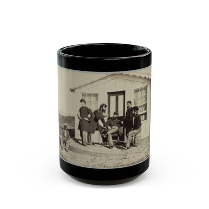 Five Civil War Soldiers Gathered On Dirt Porch Outside Home. African American Youth Seated Near Them (U.S. Civil War) Black Coffee Mug-15oz-The Sticker Space