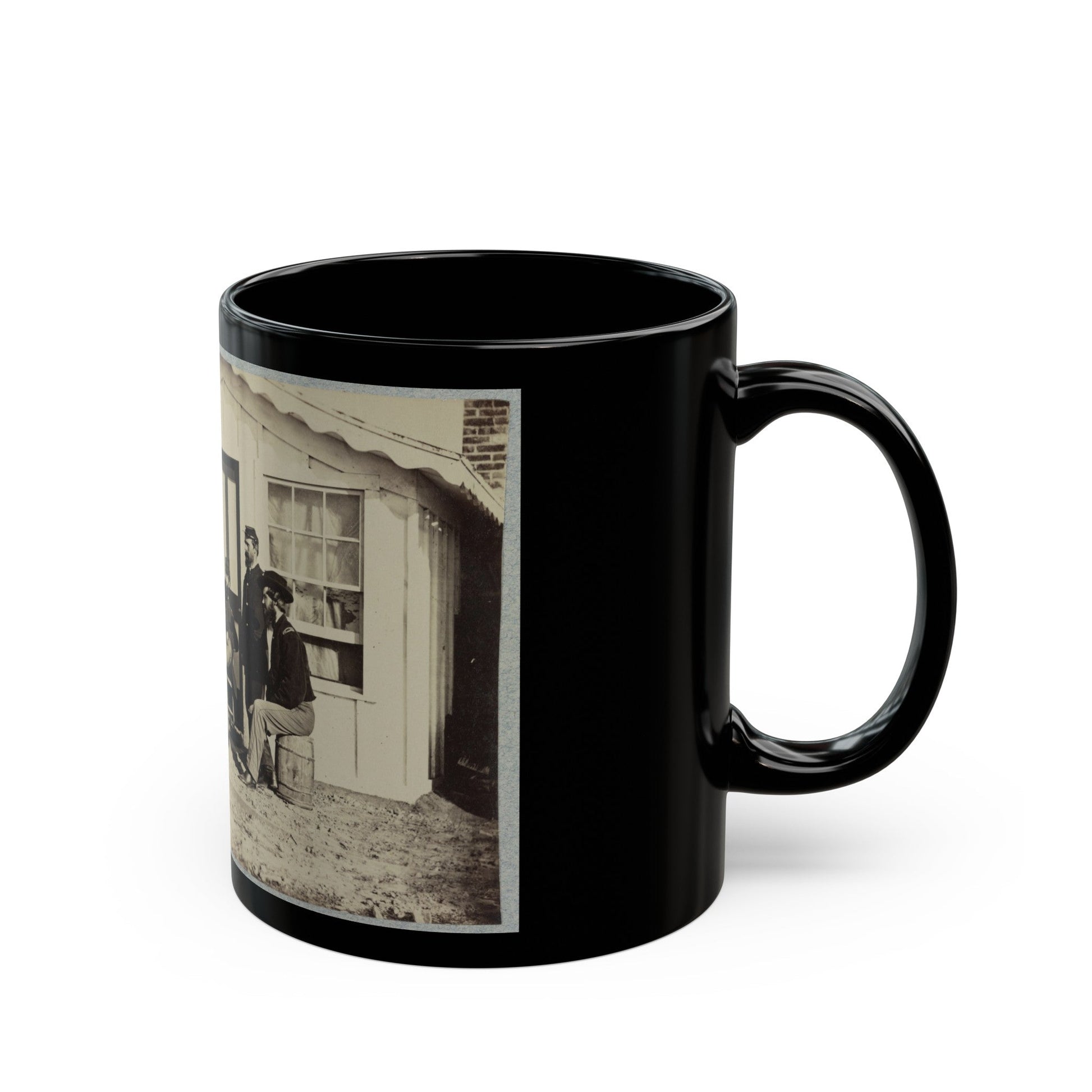 Five Civil War Soldiers Gathered On Dirt Porch Outside Home. African American Youth Seated Near Them (U.S. Civil War) Black Coffee Mug-The Sticker Space