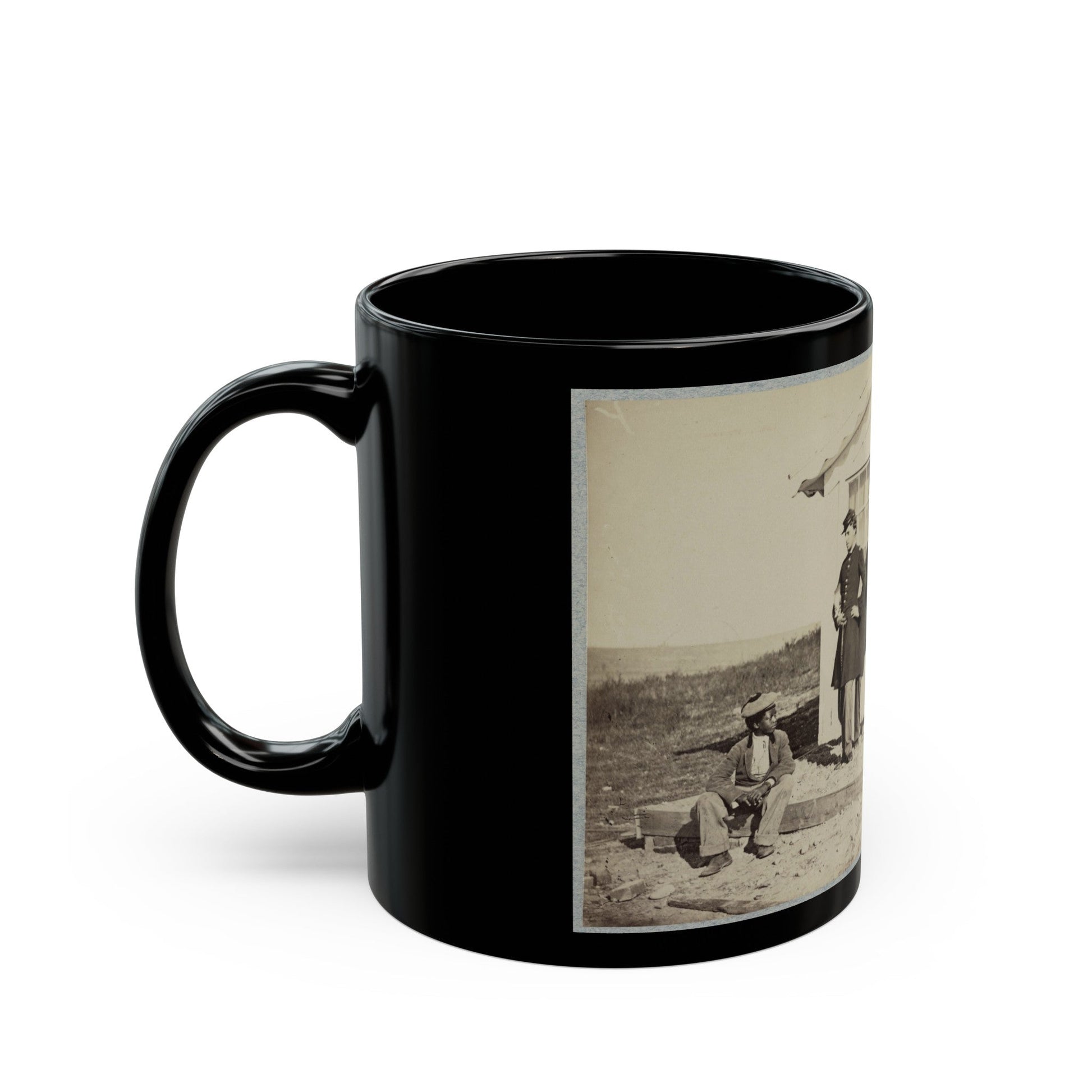 Five Civil War Soldiers Gathered On Dirt Porch Outside Home. African American Youth Seated Near Them (U.S. Civil War) Black Coffee Mug-The Sticker Space