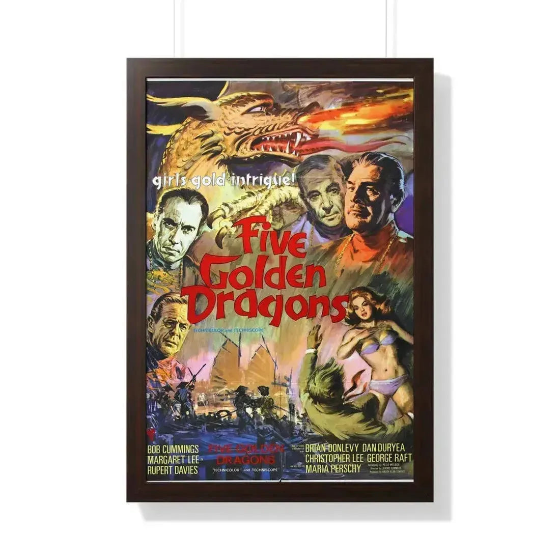 FIVE GOLDEN DRAGONS 1967 - Framed Movie Poster 20" x 30" Walnut - The Sticker Space