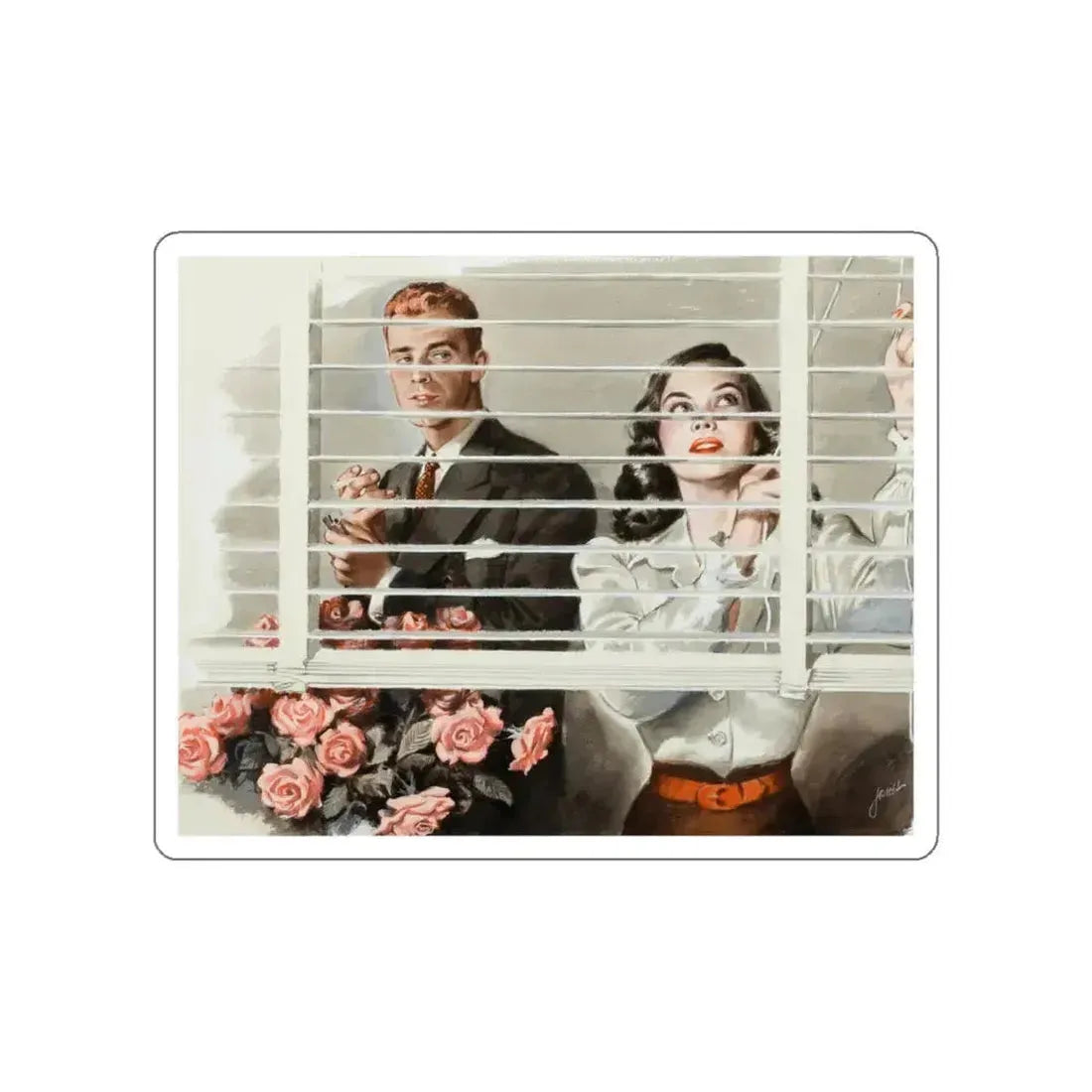 Fixing the Blinds (Magazine Illustration) STICKER Vinyl Die-Cut Decal White Die-Cut 4 Inch - The Sticker Space