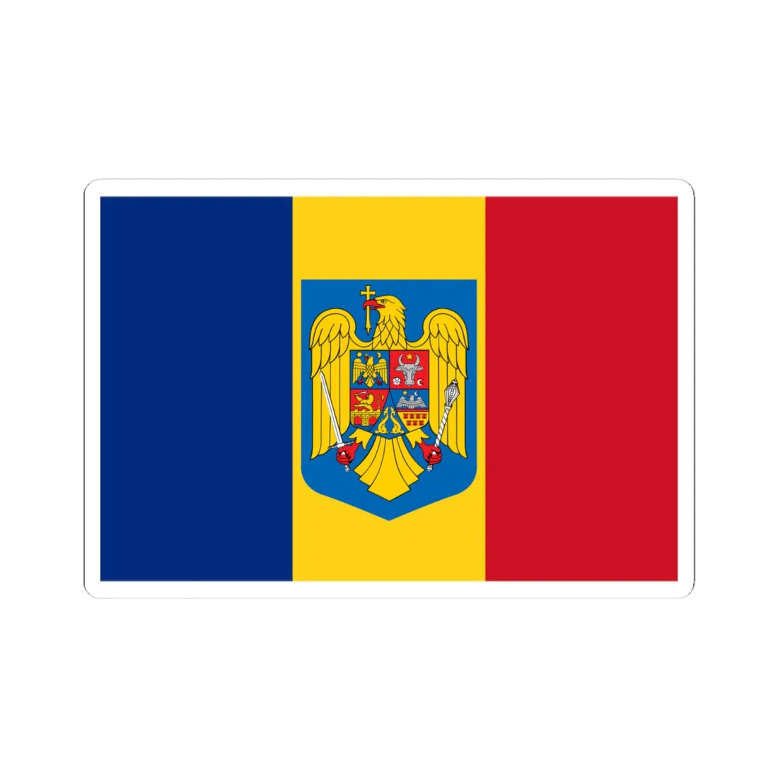 Flag and coat of arms of Romania 1992-2016 (Oman) STICKER Vinyl Kiss-Cut Decal 4 Inch White - The Sticker Space