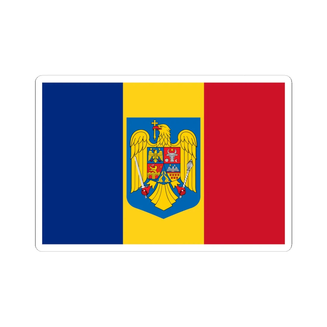 Flag and coat of arms of Romania 1992-2016 (Oman) STICKER Vinyl Kiss-Cut Decal 6 Inch White - The Sticker Space