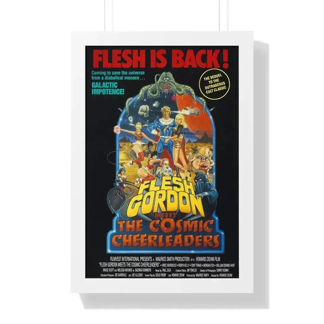 FLESH GORDON MEETS THE COSMIC CHEERLEADERS 1990 - Framed Movie Poster 16″ x 24″ White - The Sticker Space
