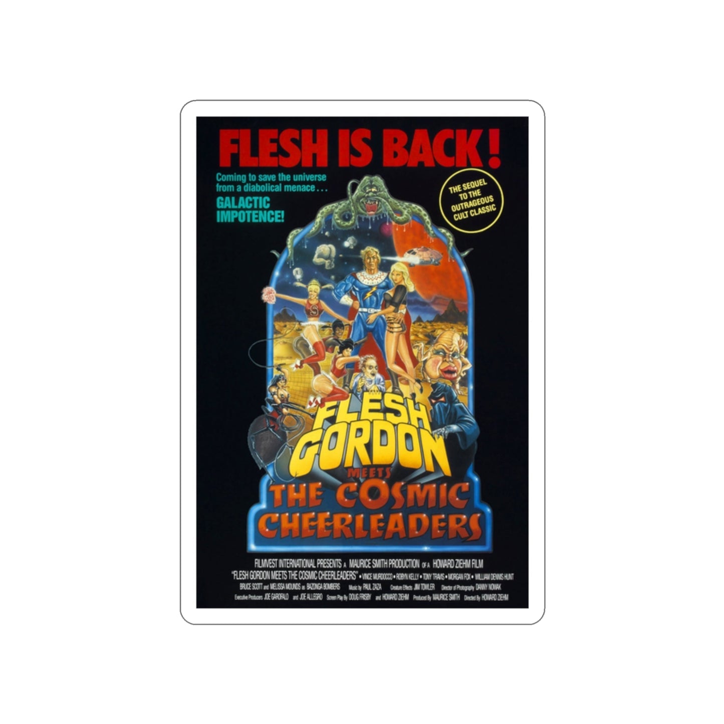 FLESH GORDON MEETS THE COSMIC CHEERLEADERS 1990 Movie Poster STICKER Vinyl Die-Cut Decal-2 Inch-The Sticker Space