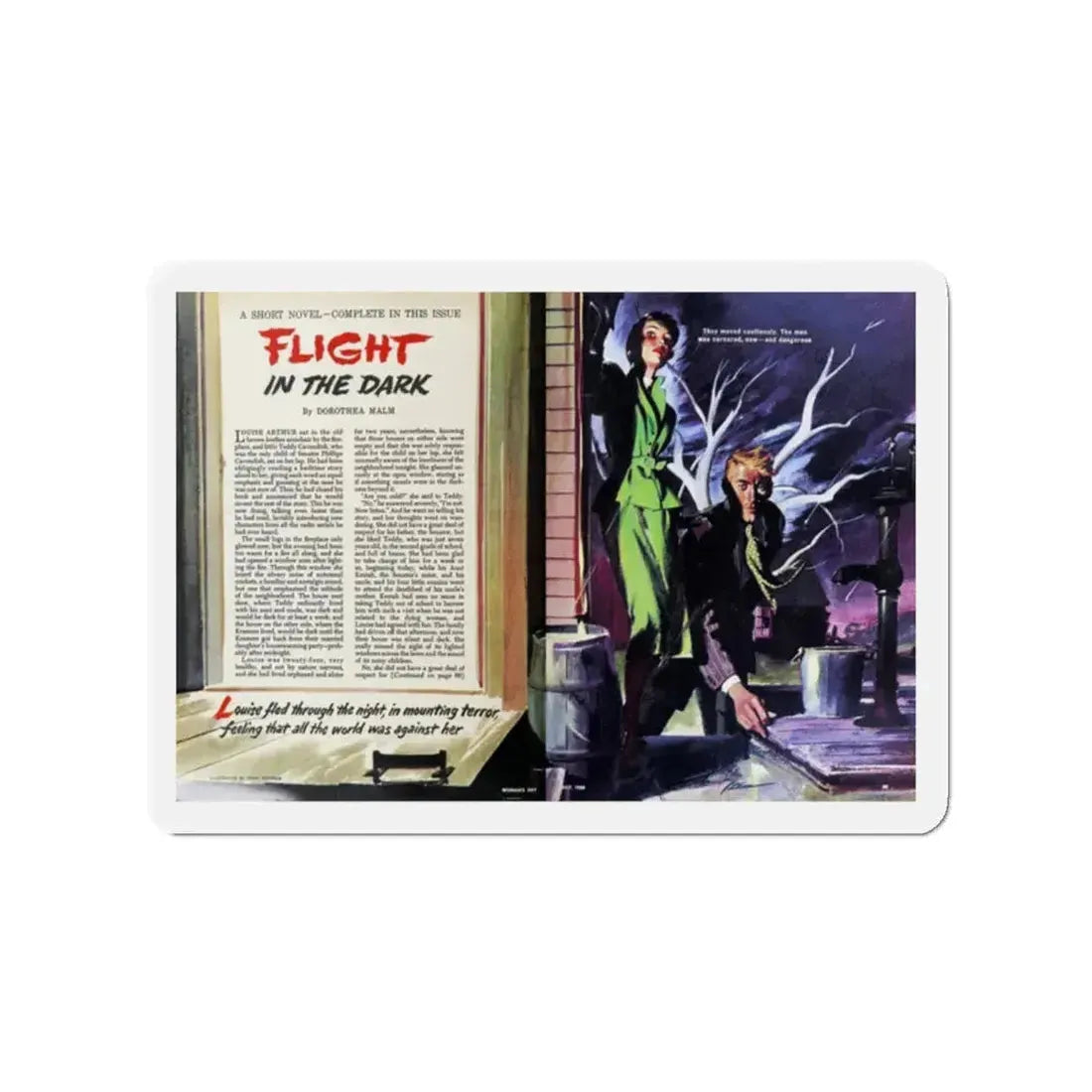 Flight in the Dark, Woman's Day, July 1950 (Magazine Illustration) Refrigerator Magnet 2 Inch Die-Cut - The Sticker Space