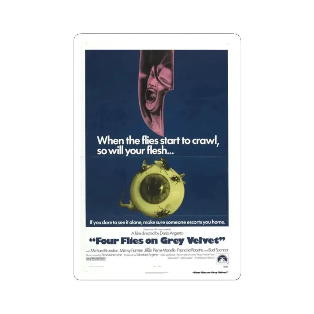 Four Flies on Grey Velvet 1972 Movie Poster - STICKER Vinyl Kiss-Cut Decal 2 Inch White - The Sticker Space