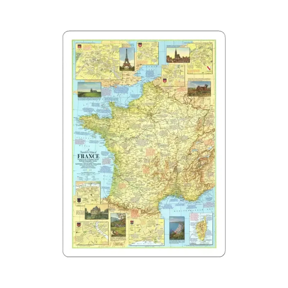 France - A Traveller's Map 1 (1971) (Map) STICKER Vinyl Kiss-Cut Decal 6 Inch White - The Sticker Space