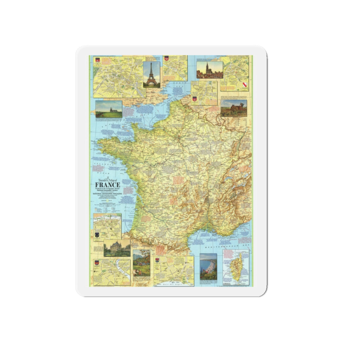 France - A Traveller's Map 1 (1971) (Map) Refrigerator Magnet-2" x 2"-The Sticker Space