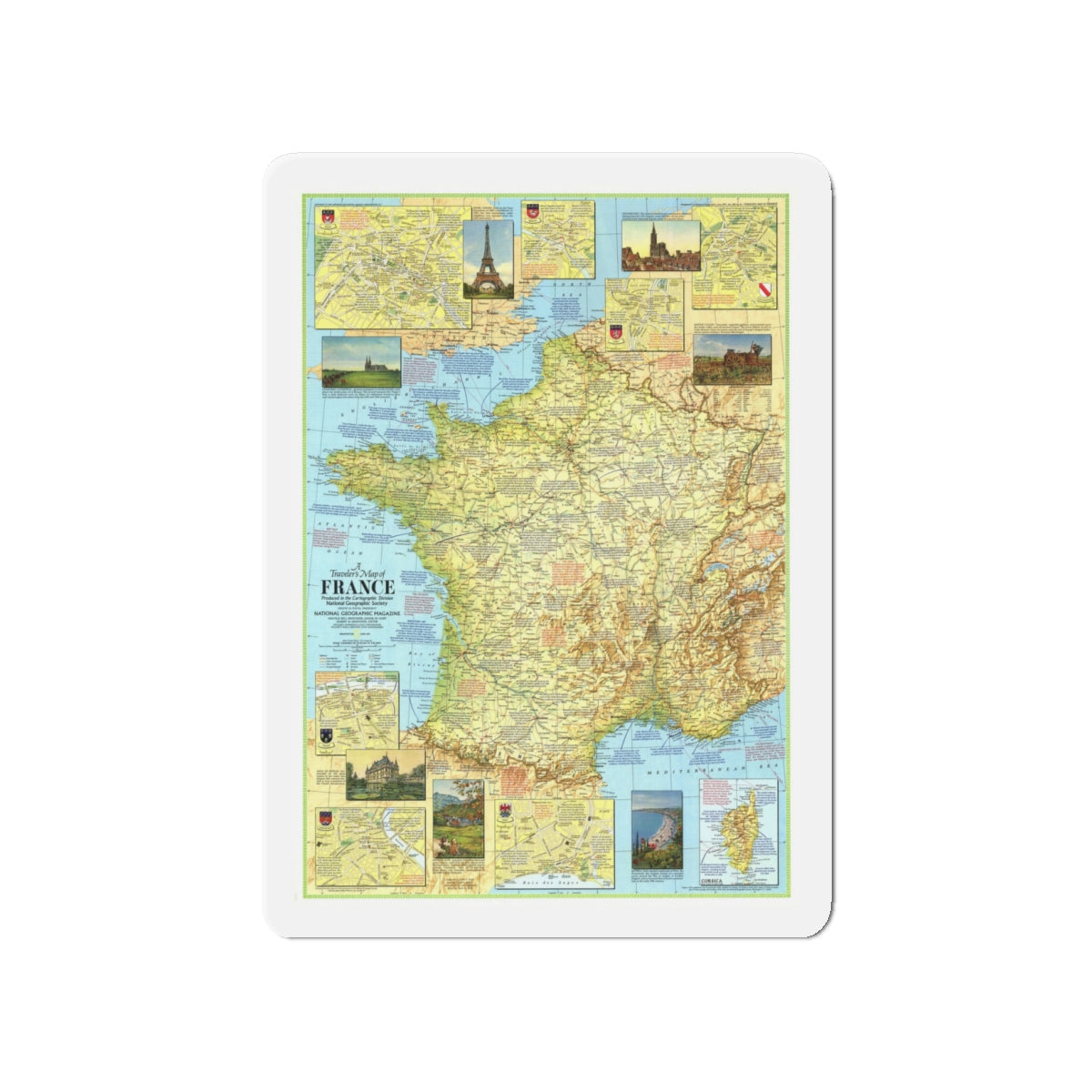 France - A Traveller's Map 1 (1971) (Map) Refrigerator Magnet-4" x 4"-The Sticker Space