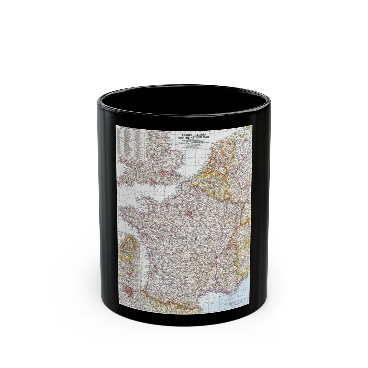 France, Belgium, and the Netherlands (1960) (Map) Black Coffee Mug-11oz-The Sticker Space