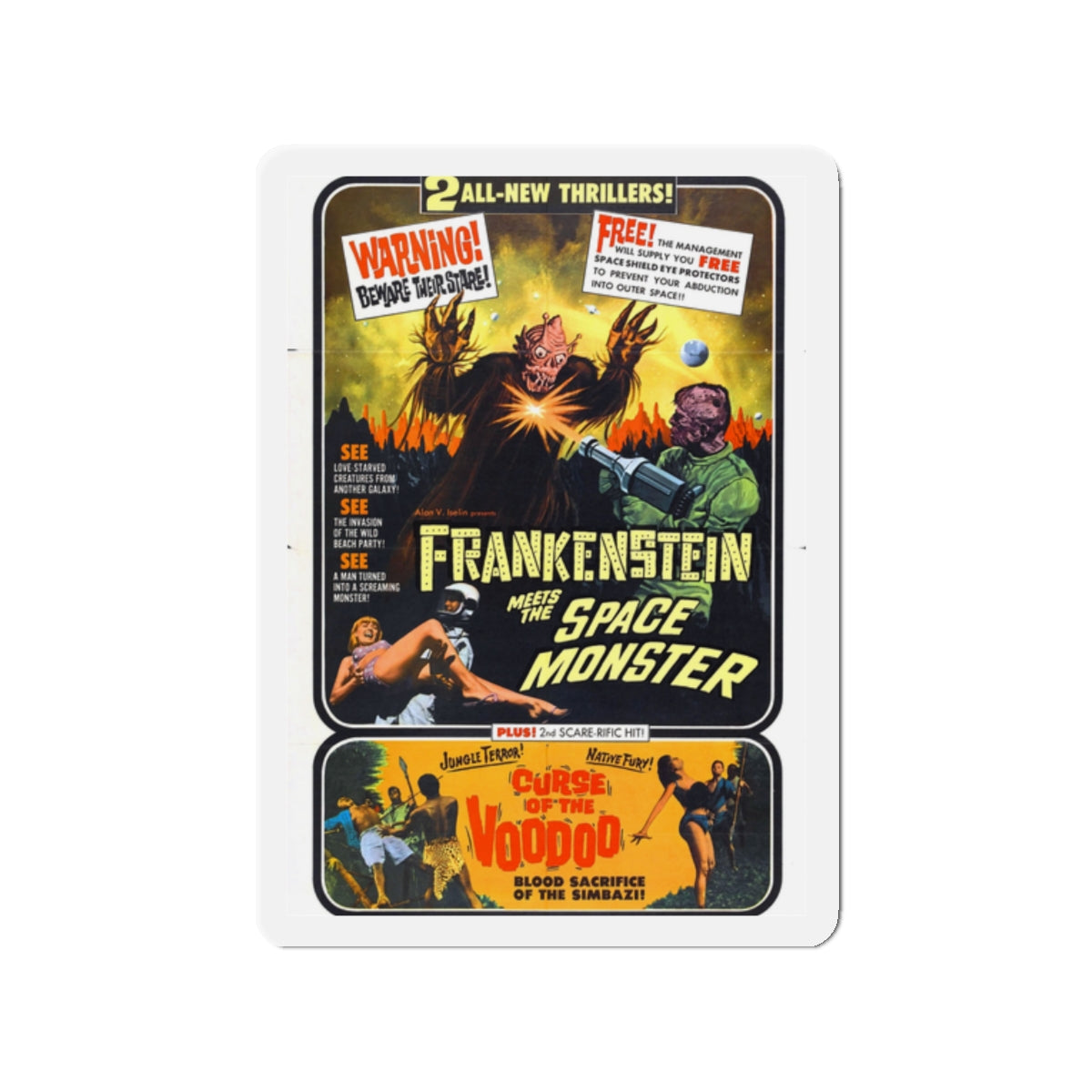 FRANKENSTEIN MEETS THE SPACE MONSTER + CURSE OF THE VOODOO 1965 Movie Poster - Die-Cut Magnet-2" x 2"-The Sticker Space