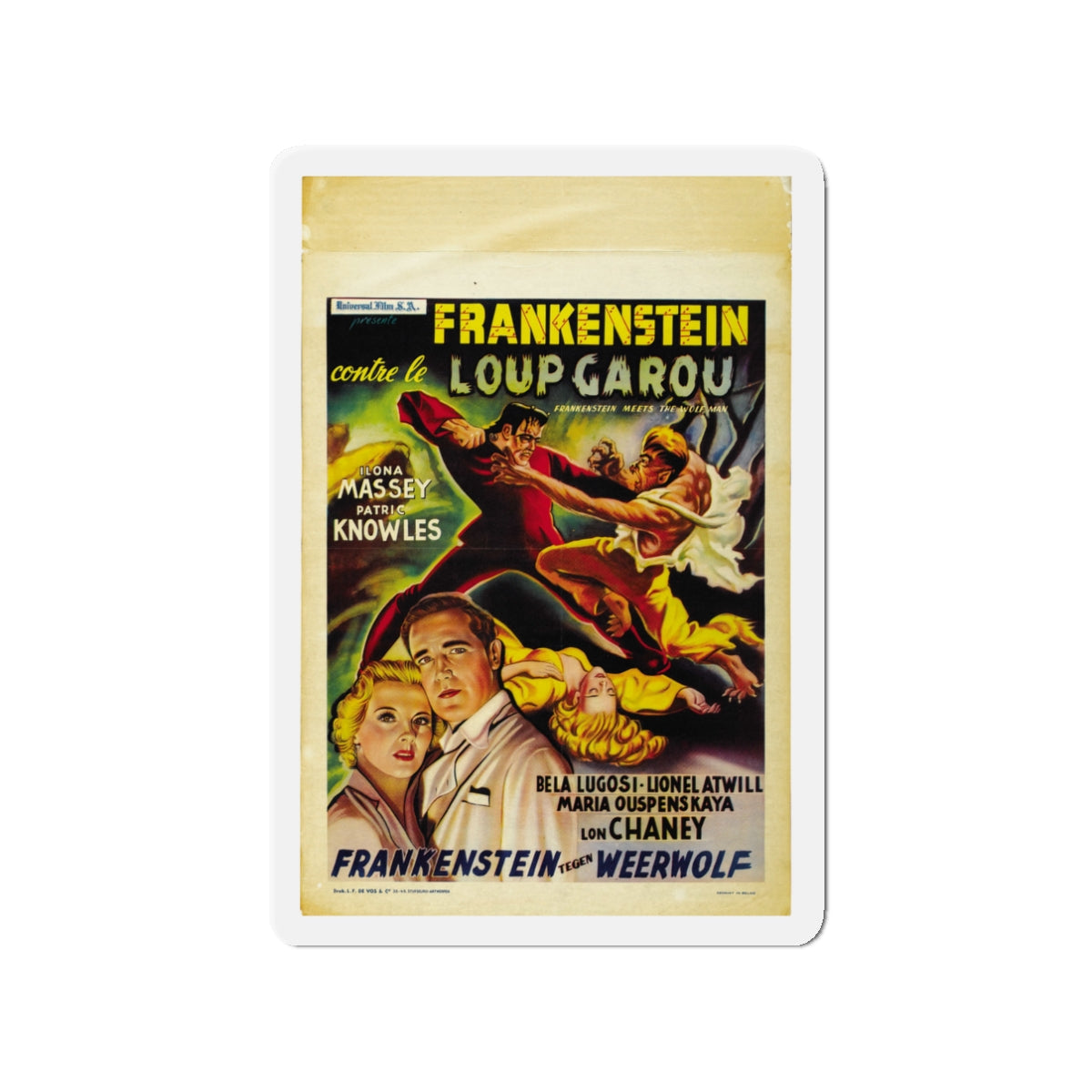 FRANKENSTEIN MEETS THE WOLF MAN (BELGIAN) 1943 Movie Poster - Die-Cut Magnet-3" x 3"-The Sticker Space