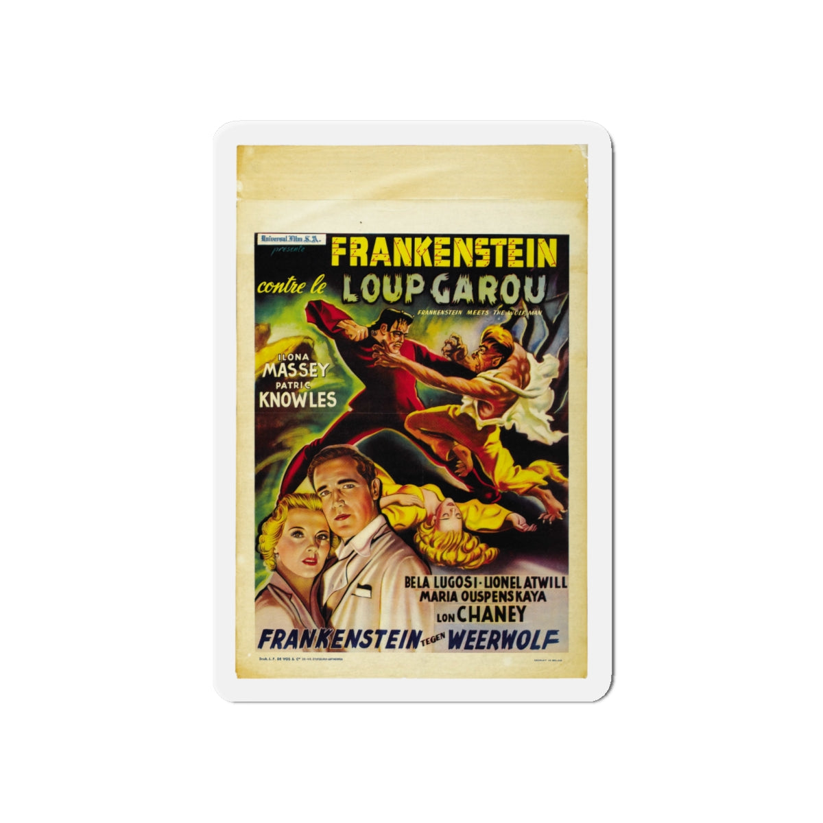 FRANKENSTEIN MEETS THE WOLF MAN (BELGIAN) 1943 Movie Poster - Die-Cut Magnet-6 × 6"-The Sticker Space