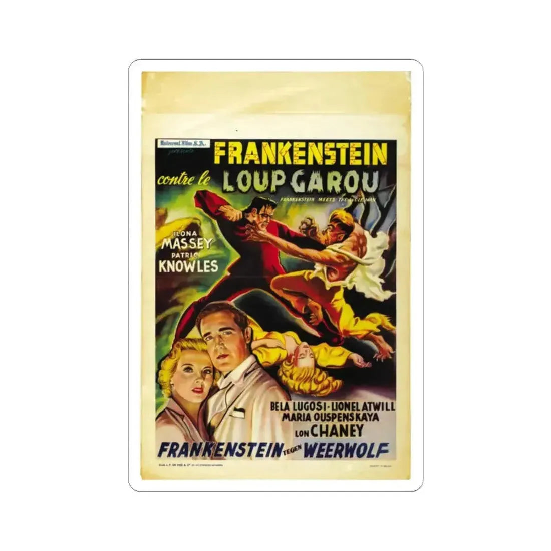 FRANKENSTEIN MEETS THE WOLF MAN (BELGIAN) 1943 Movie Poster - STICKER Vinyl Kiss-Cut Decal 2 Inch White - The Sticker Space