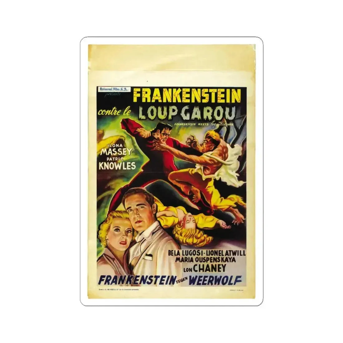 FRANKENSTEIN MEETS THE WOLF MAN (BELGIAN) 1943 Movie Poster - STICKER Vinyl Kiss-Cut Decal 6 Inch White - The Sticker Space