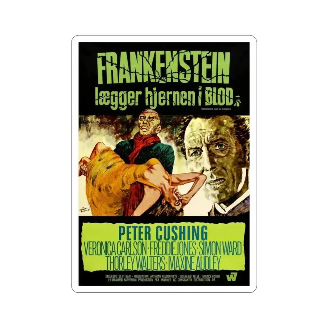 FRANKENSTEIN MUST BE DESTROYED (DANISH) 1969 Movie Poster - STICKER Vinyl Kiss-Cut Decal 4 Inch White - The Sticker Space